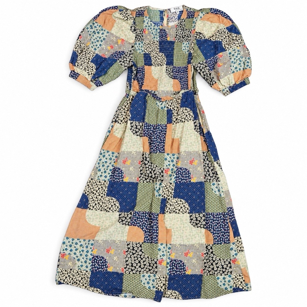 Sea New York Louie Patchwork Midi Dress Puff Sleeve Pockets Size M